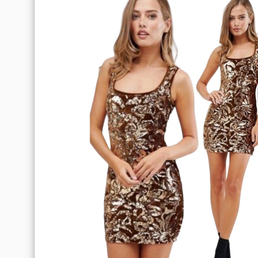 Bronze Sequin Floral Scoop-Neck Mini Dress